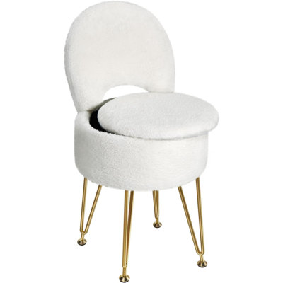 Small Vanity Stool Chair With Storage And Folding Back, 13" X 13" X 17.7" Faux Fur Soft Ottoman For Teenager, 4 Metal Legs With Anti-Slip Feet, Furry Padded Seat For Makeup, Bedroom, White