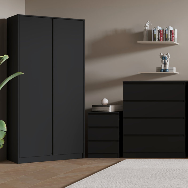 Braunstein 3 Piece Bedroom Set, 3 Pcs: Nightstand, 2 Dressers, Black