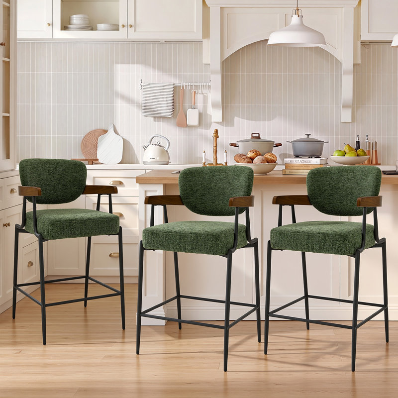 Tabouret de bar rembourré de style moderne du milieu du siècle avec accoudoirs enveloppants, Vert