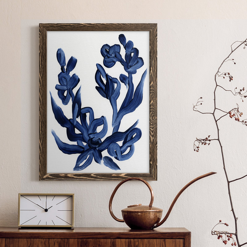 Indigo brossé Blooms I, toile encadrée de qualité supérieure - prête à être accrochée, H 44 po x l 31 po x P 1 po, Noyer