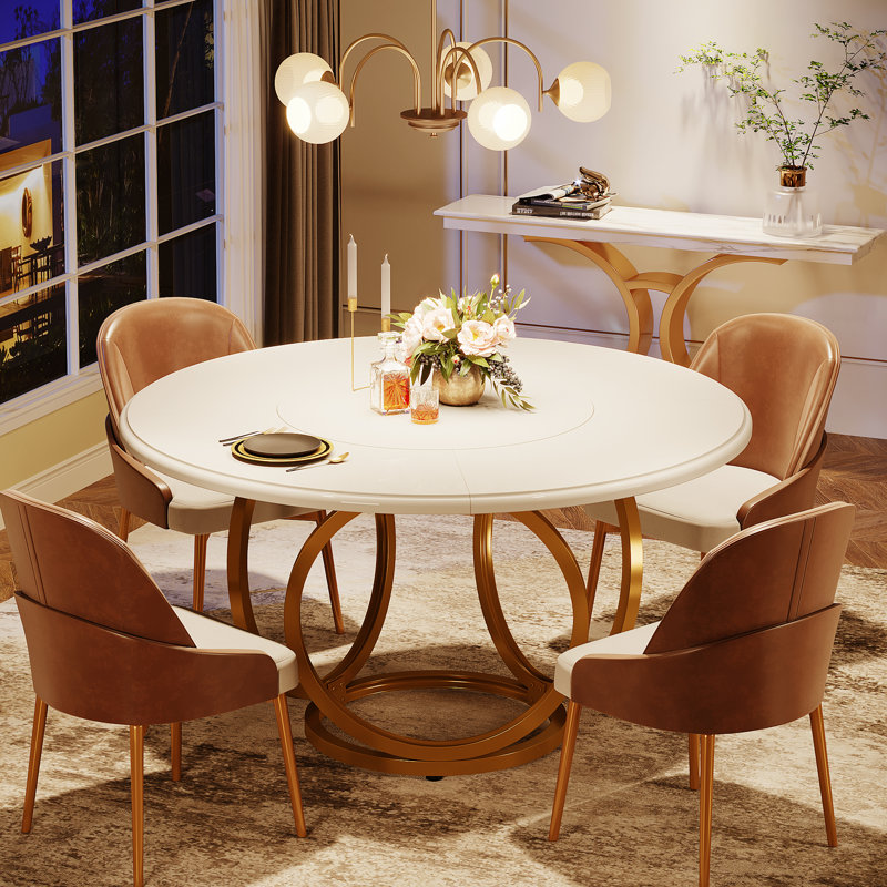 Round Metal Base Dining Table, White, Gold