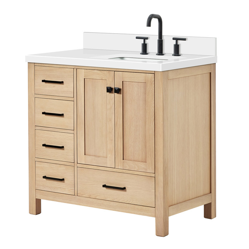 Cambridge 37'' W Single Vanity, Matte Black, Oak, Pure White Quartz