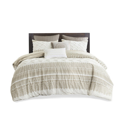 Ensemble de housse de couette pour lit très grand / très grand 3 pièces - coton chenille, imprimé mis à jour, taupe uni, coton lavable à la machine avec revers taupe, fermeture à boutons, attaches de coin intérieures,