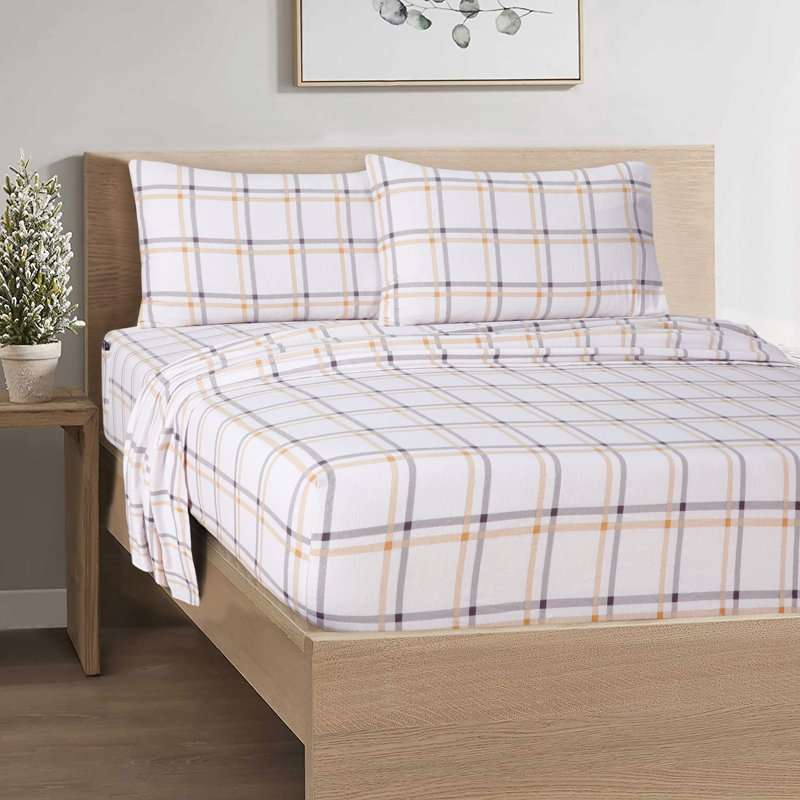 Ensemble de draps 100% flanelle de coton Colyt, Ensemble pour très grand lit + drap-housse + 2 ta, Carreaux écru
