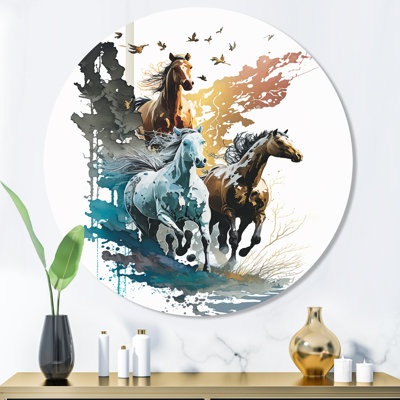 Three Horse Stampede - cheval, art mural rond sur métal