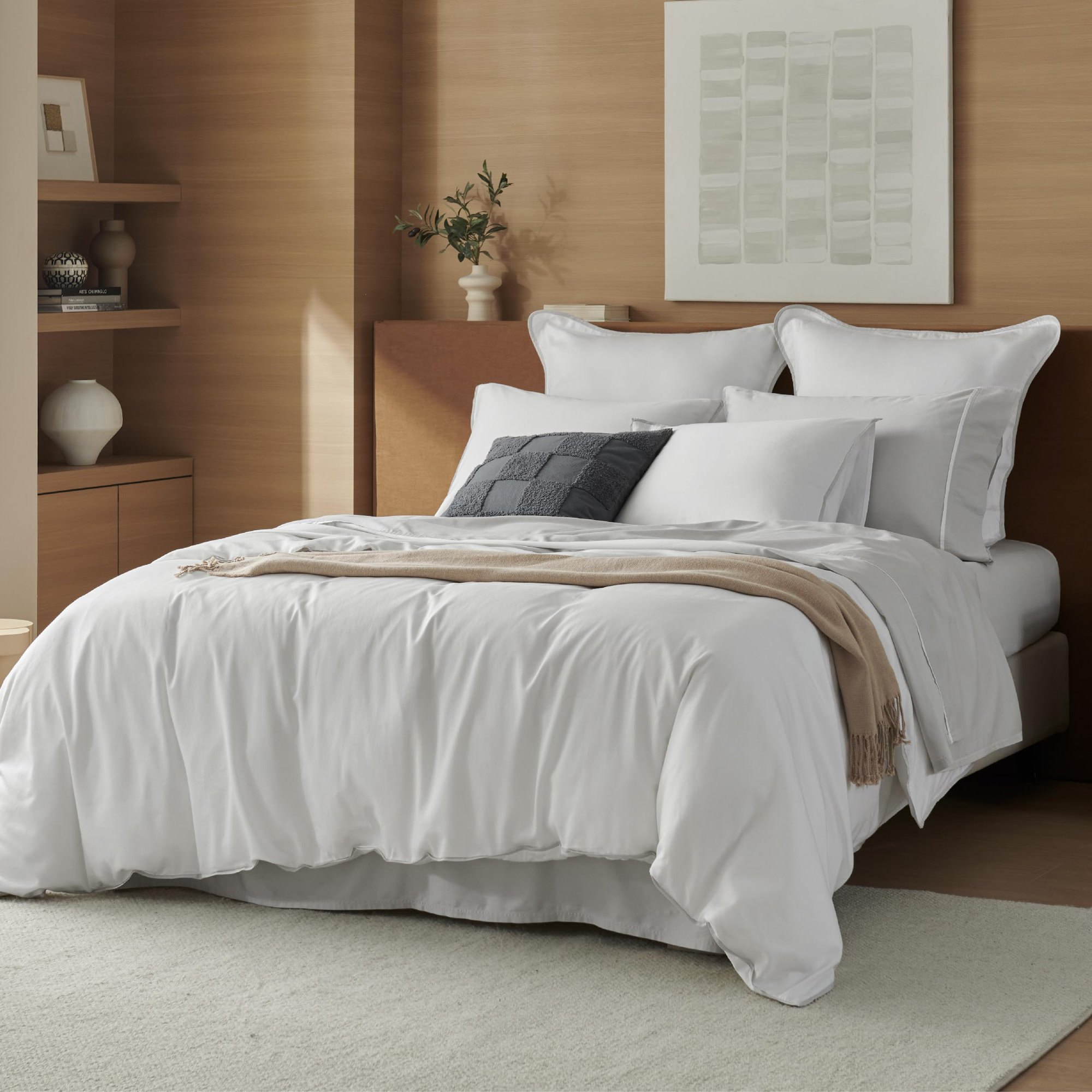 Double Stitch Cotton Tencel Duvet Cover Comforter Cover, Luxury & Soft Eucalyptus Lyocell Bedding Set, Winter Sky Contrast