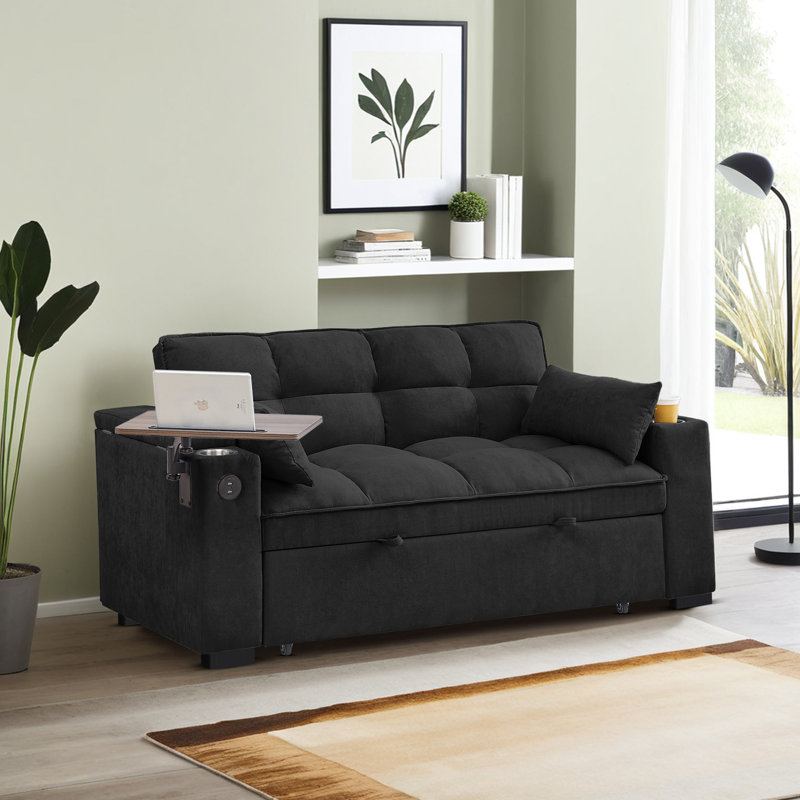 65"W Convertible 3 in 1 Sofa Bed, Vincy Pull Out Couch Loveseat Sleeper with Side Table&USB&Type-C Ports&Storage Armrests