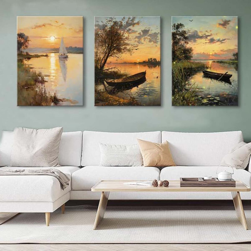Farmhouse Sunset Canvas Wall Art For Living Room Nature Landscape Wall Paintings., 60 cm H x 120 cm W