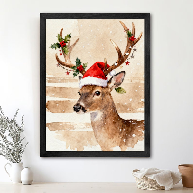 Renne de Noël rétro encadré noir portant un chapeau de père Noël, impression d'art de style rétro, H 11 po x l 9 po