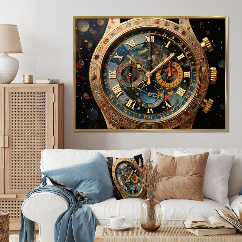 Regardez le pointillisme horloger multicolore sur toile, H 24 po x l 32 po x P 1 po, Cadre flottant doré