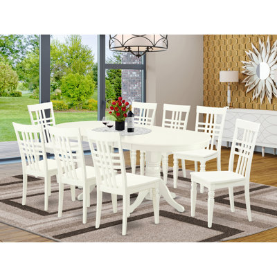 9 Piece Dining Room Furniture Set Includes an Oval Wooden Table with Butterfly Leaf and 8 Kitchen Dining Chairs, Linen White