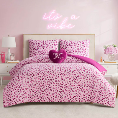 Juicy Couture Plush Reversible Leopard Hearts Comforter Set with Decorative Pillow