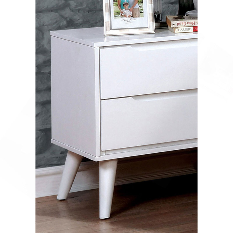 Table de chevet 2 tiroirs Mid-Century, Blanc