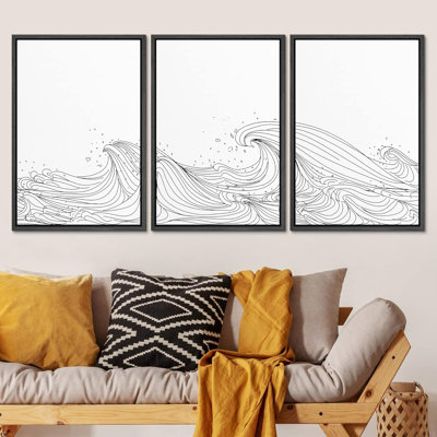Beach And Waves " Curly Black and White Ocean Waves Nautical Seascape Minimalist Neutral Decor Modern Art " 3 Piece Art Print