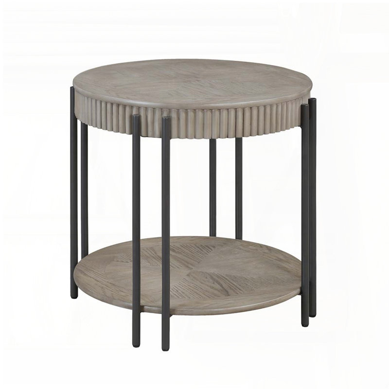 Table de bout ronde contemporaine avec tablette de rangement - Pieds en métal, finition brun / brun clair