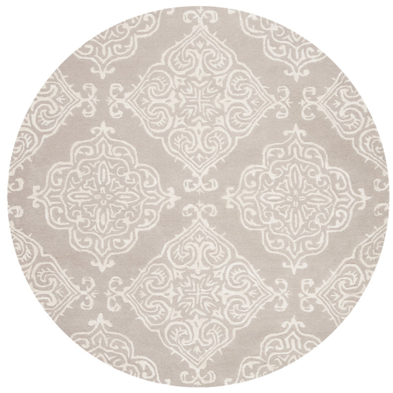 Bernon Hand Tufted Viscose/Wool Damask Rug in Silver/Ivory, Round 6'