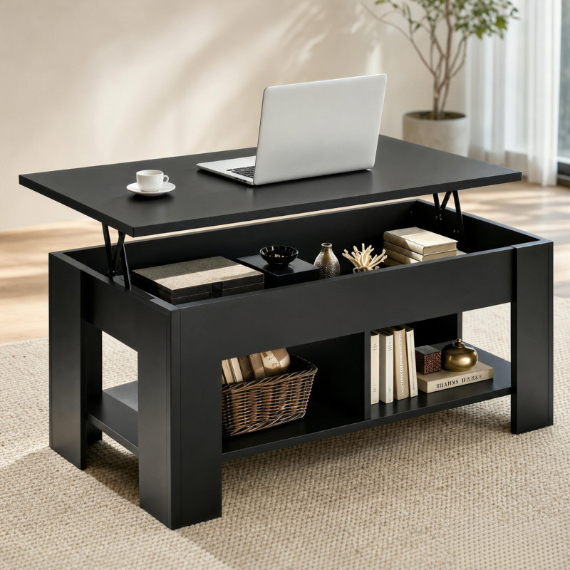 Table basse à plateau relevable, table basse extensible avec rangement dissimulé, convertible en bureau d'ordinateur portable ou en table de salle à manger pour le salon, le bureau personnel, petits espaces - Table de centre moderne en bois avec mécanisme à ressort à gaz, noir