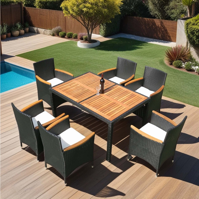 Ensemble de salle à manger d'extérieur en osier 7 pièces EELIFEE avec plateau en bois d'acacia