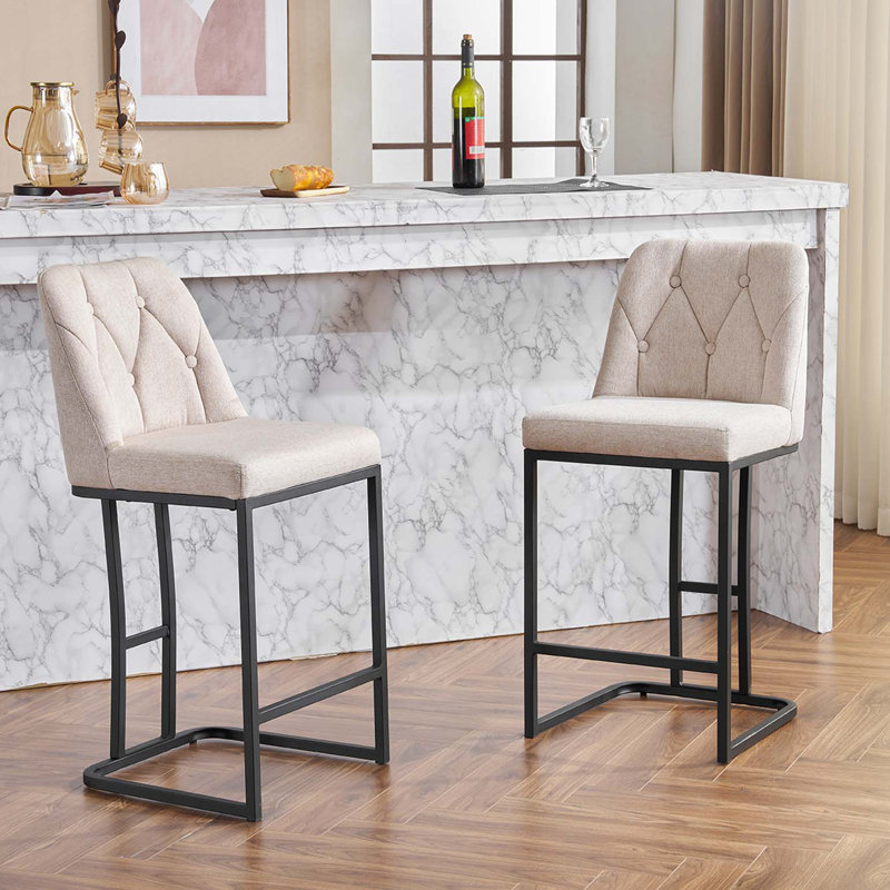 Ensemble de 2 tabourets de bar rembourrés modernes avec dossier capitonné, chaise à hauteur de comptoir avec structure en métal robuste, siège rembourré confortable pour la cuisine, le bar ou la salle à manger