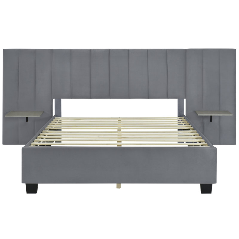 Grand lit plateforme tapissier avec grande tête de lit, mobilier de chambre à coucher, velours, gris
