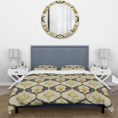 Ensemble de housse de couette beige doré à motif quadrilobe Mid-Century