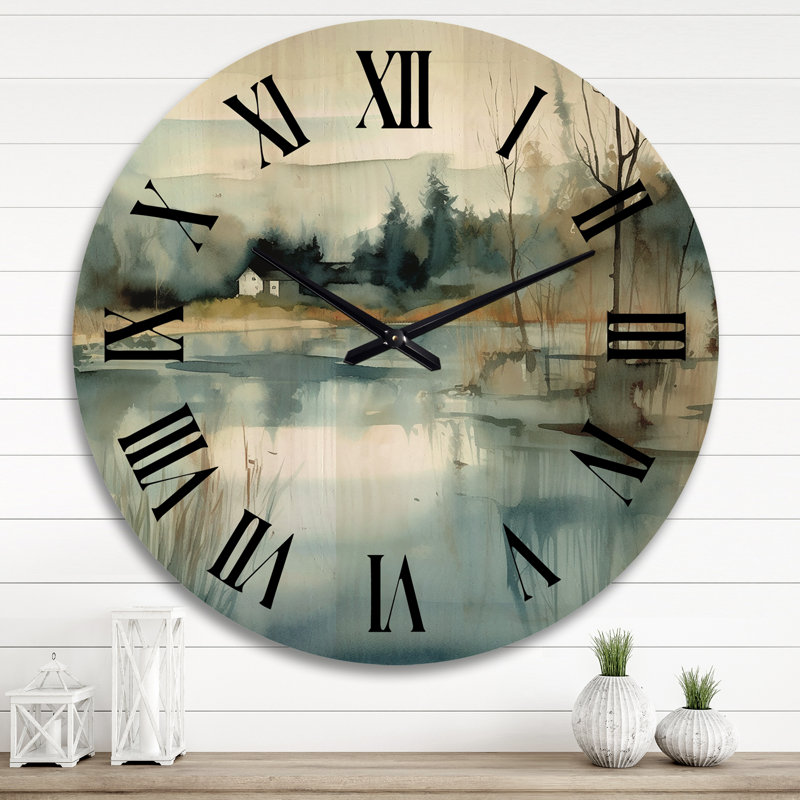 Summer Lake Landscape Illustration V - Lake Oversized Wood Wall Clock, Très grand