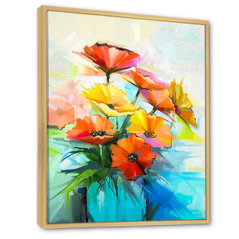 Nature morte à la fleur de gerbera rouge et jaune - Peinture, H 20 po x l 12 po x P 1 po, Cadre naturel flottant