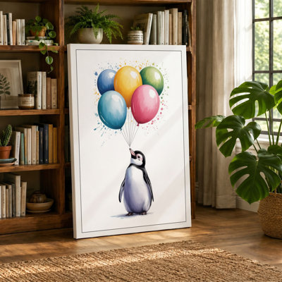 Penguin and Balloons Whimsical - Wrapped Canvas