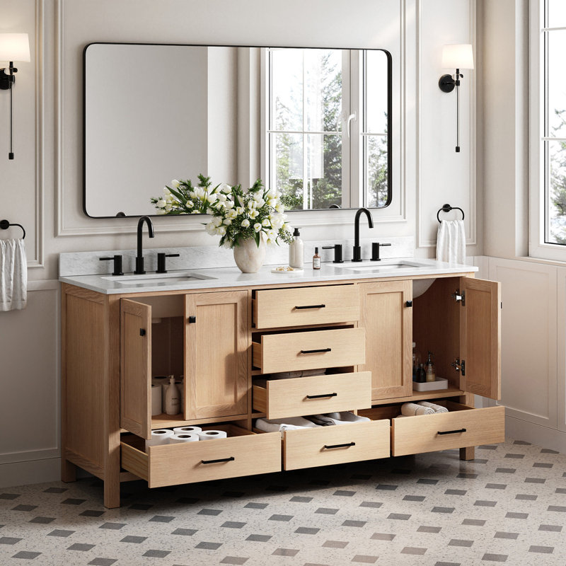 Meuble-lavabo double autoportant 67 po avec plateau en marbre Flynt, Blanc, Rectangle, 67" W