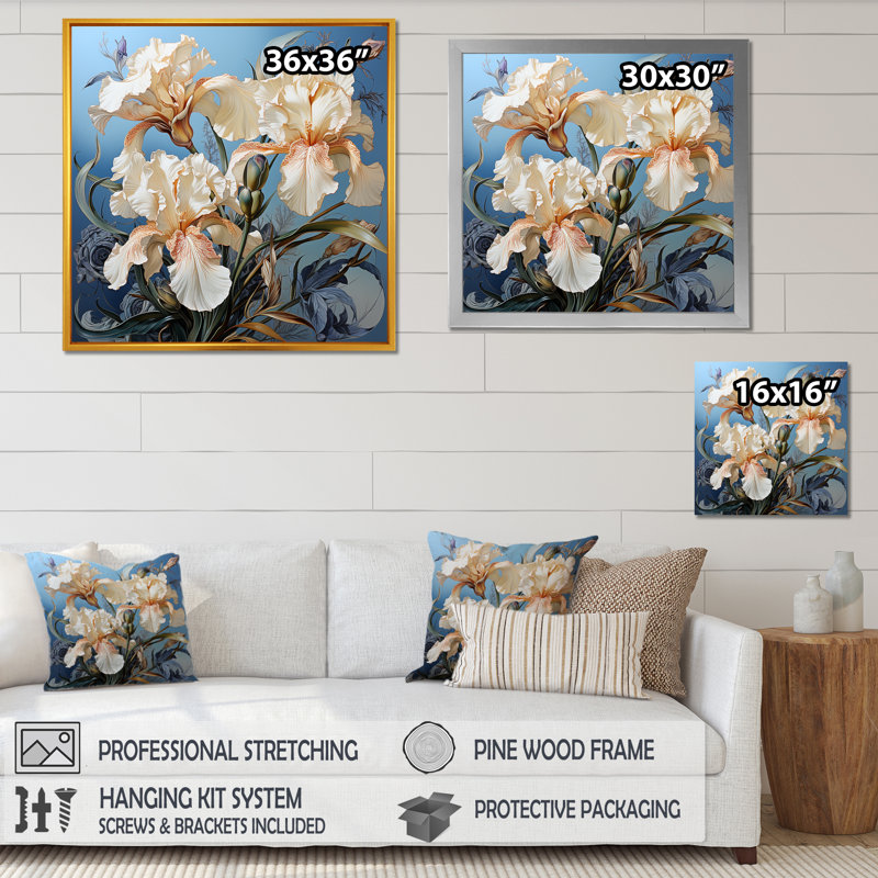 Iris baignant dans une aura argentée au clair de lune sur toile, Cadre flottant blanc, H 16 po x l 16 po x P 1 po