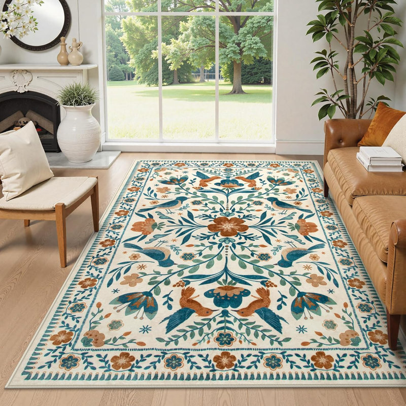  Goldene Boho Washable Botanical Beige Area Rugs for Living Room, Low-Pile Floral Rug with Non Slip Backing For Bedroom Dining Room