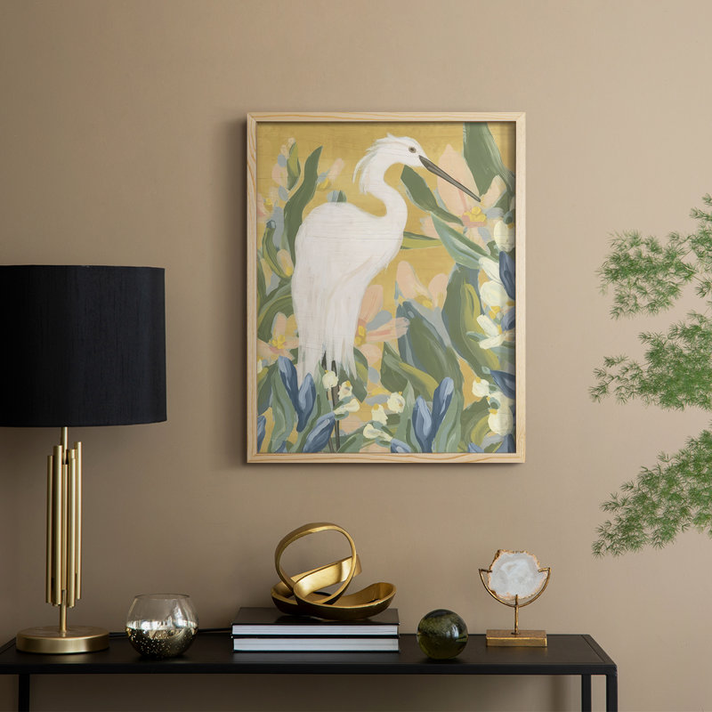 Floral Egret II, reproduction encadrée - bois massif, Naturel, H 21 po x l 17 po