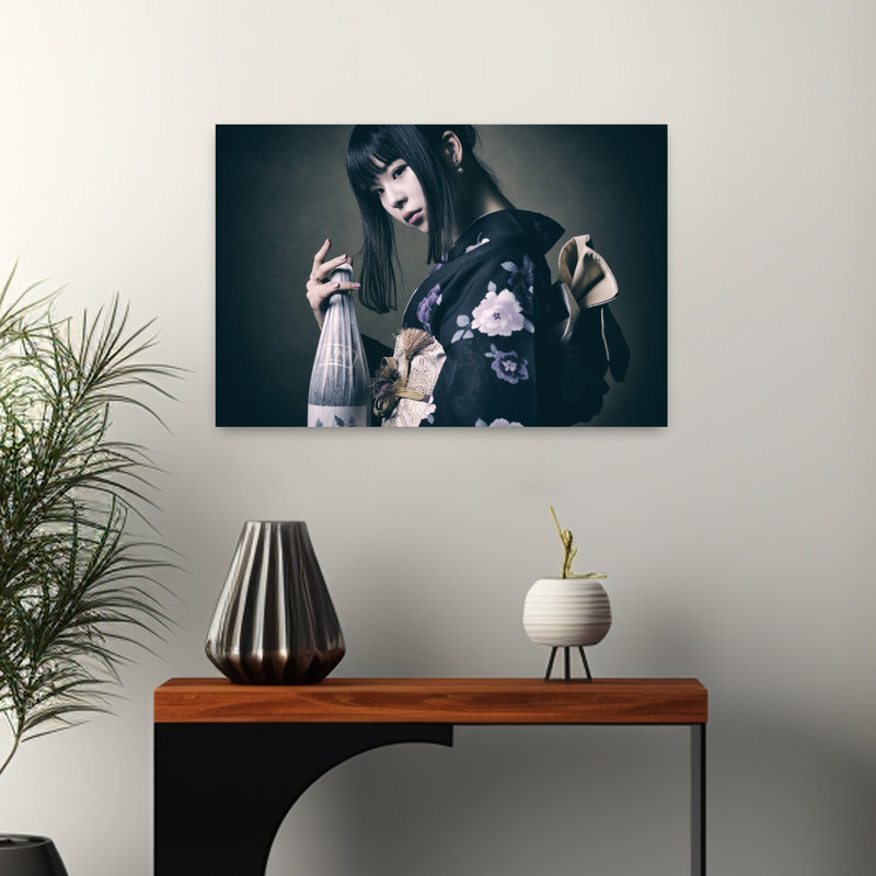 Japanese Woman With Sake Contemporary Wall Art Print 1 Piece Wrapped Canvas Wall Art, 40.64cm H x 60.96cm W