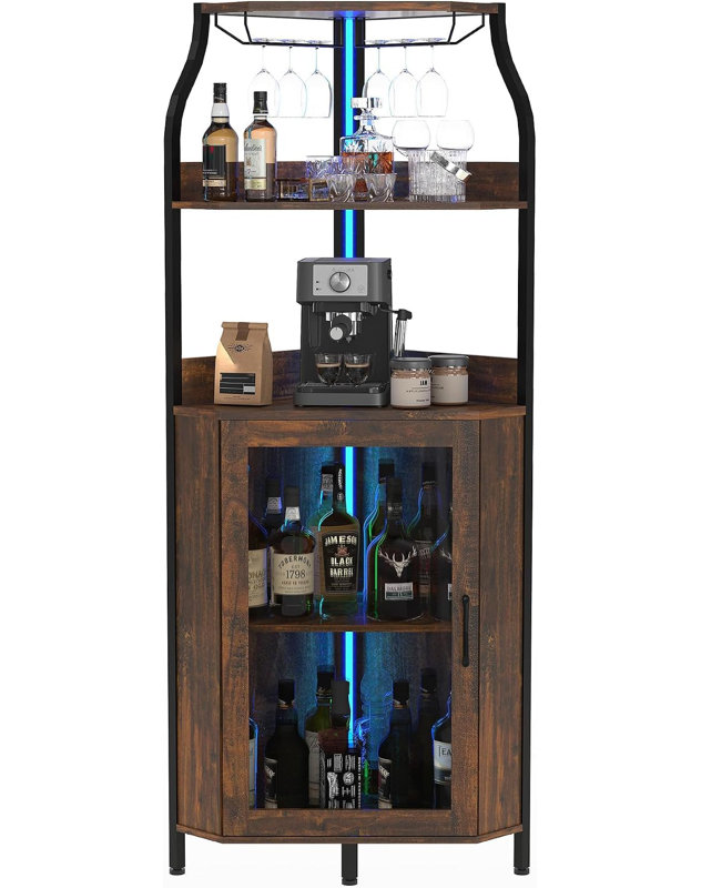 68" Corner Wine Bar Cabinet with Glass Door & Storage