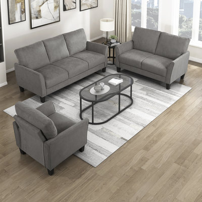 Kowal Modern & Contemporary Textured Fabric 3-Piece Living Room Set with Flared Arms, High-Density Foam & Pocket Coil Seating & Attached Cushions