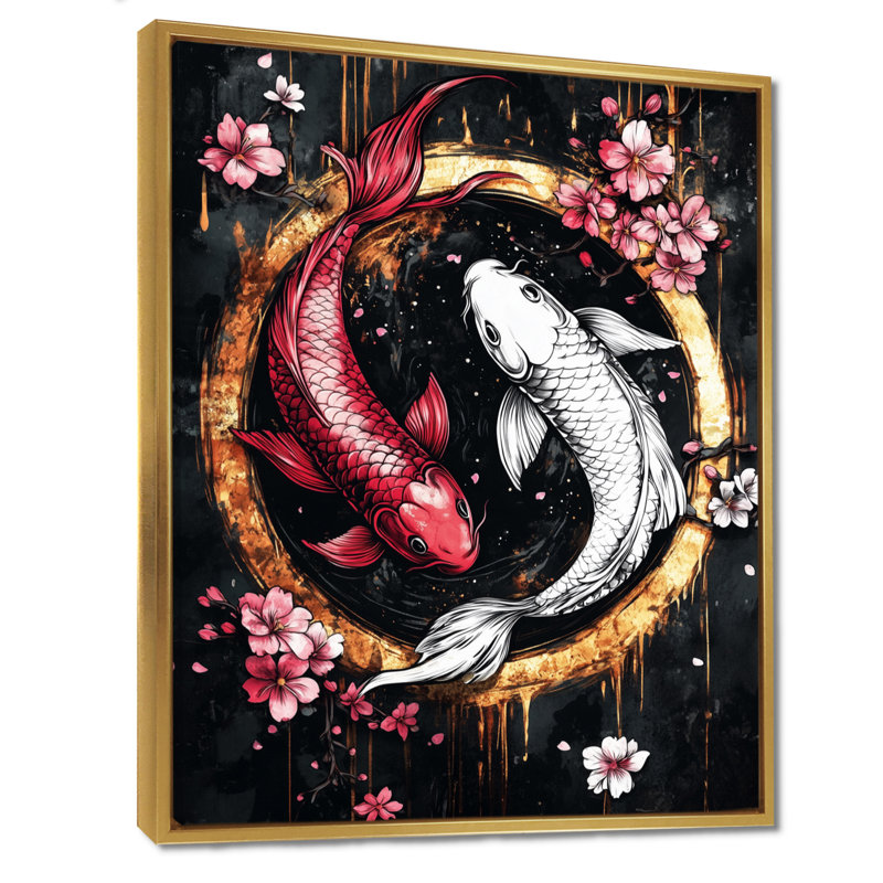 Art mural Sakura Yin et Yang Koi Pond IV - Kois Fish, Toile avec cadre flottant or, H 40 po x l 30 po x P 1,5 po