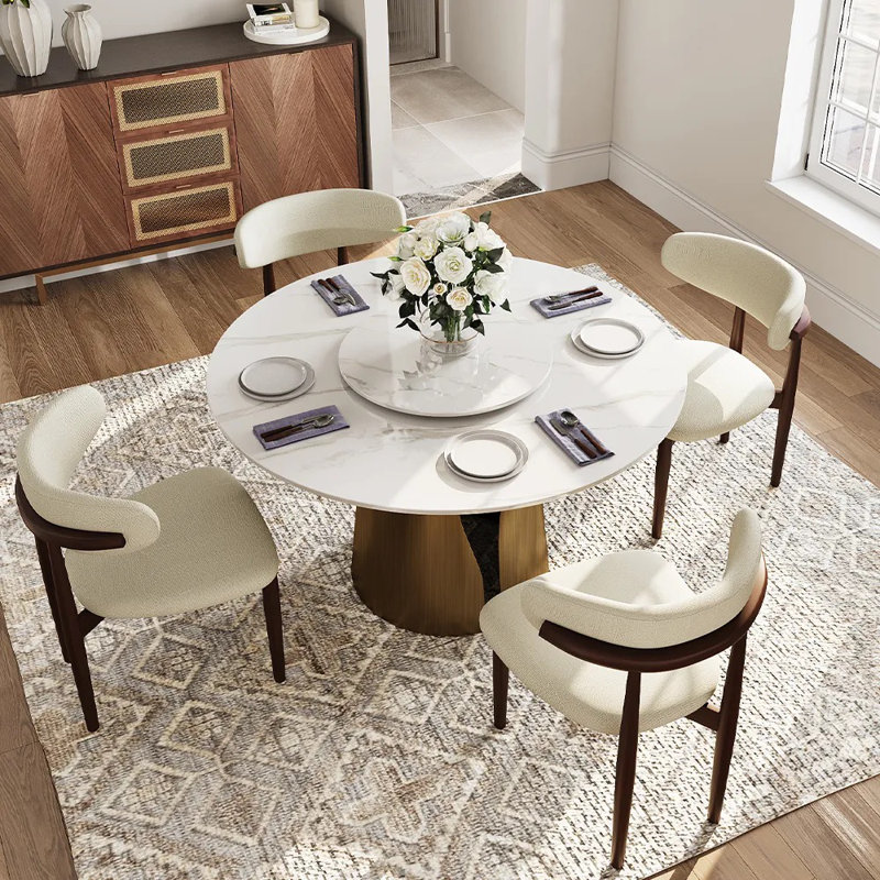 CR039AEH-WFUS1 Modern Round Dining Table with Lazy Susan for 4-6, Sintered Stone Tabletop, Solid Pedestal Carbon Steel Base Pre-Assembly