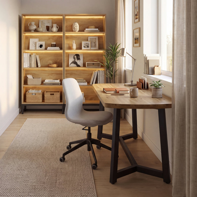 Ensemble de bureau à domicile 3 pièces: bureau de 63 po en bois de pin massif et bibliothèque à 5 niveaux en H 70,47 po avec lumières DEL