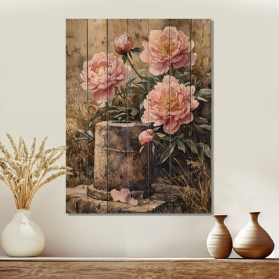 Peonies By The Farm Well II - Peonies Wood Wall Decor - On Natural Pine Wood
