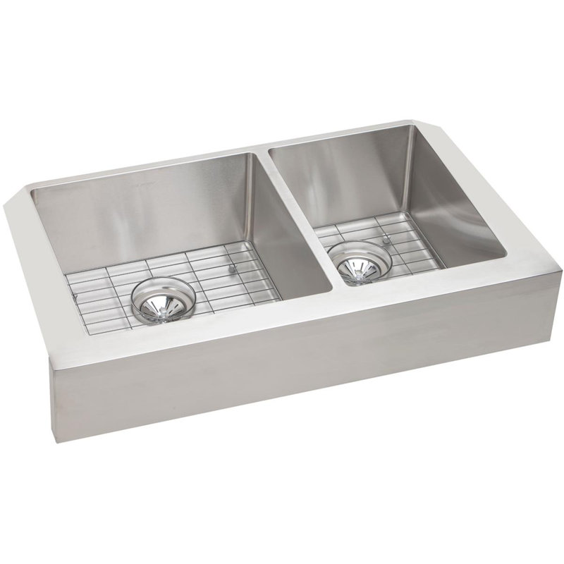 Crosstown 36" x 20" Double Basin Farmhouse Kitchen Sink with Sink Grid and Drain Assembly
