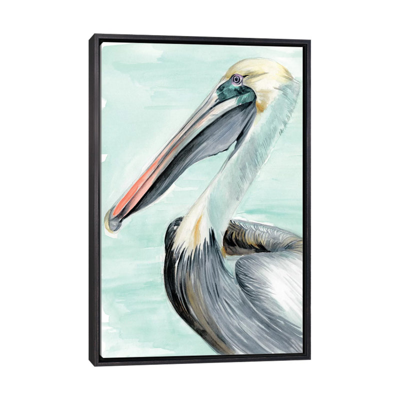 « Turquoise Pelican II » par Jennifer Paxton Parker, reproduction d’art, Toile avec cadre noir patiné, Pas de tapis