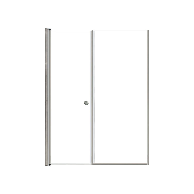 Porte de douche pivotante Lyna 54 po x 70 po et panneau fixe avec verre clair de 1/4 po et poignées à bouton double face, acier inoxydable brossé