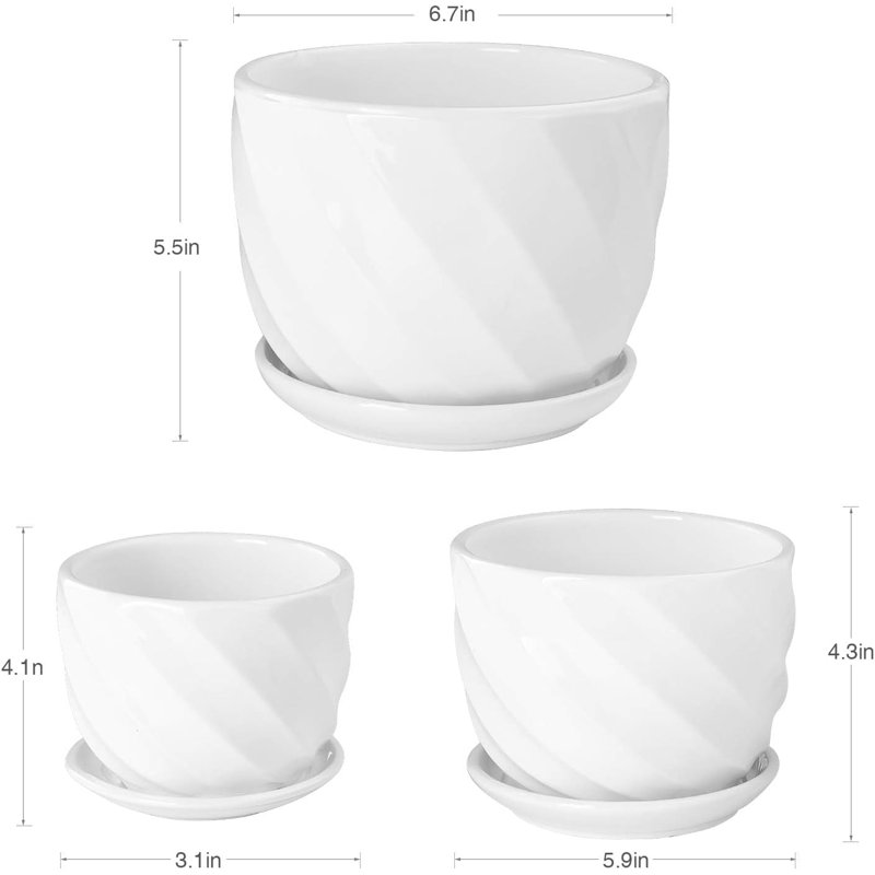Set Of 3 White Ceramic Plant Pots With Saucers