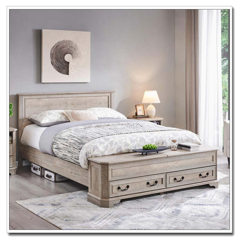 Lit moderne avec tête de lit géométrique 3D et banc de rangement - rangement à 4 tiroirs, Queen, Oak