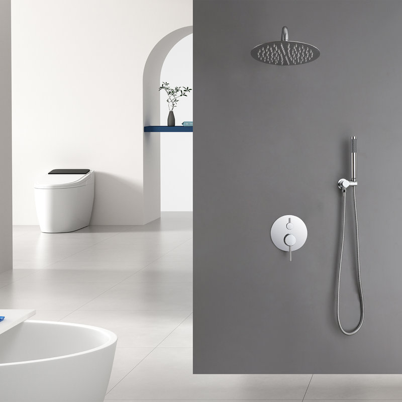 Système de douche rond à 2 réglages de 10 po comprenant une pomme de douche à effet pluie et un douchette à main avec valve à pression équilibrée