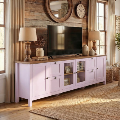 90.6" Modern Farmhouse TV Stand With Glass Doors, Drawers & Adjustable Shelves