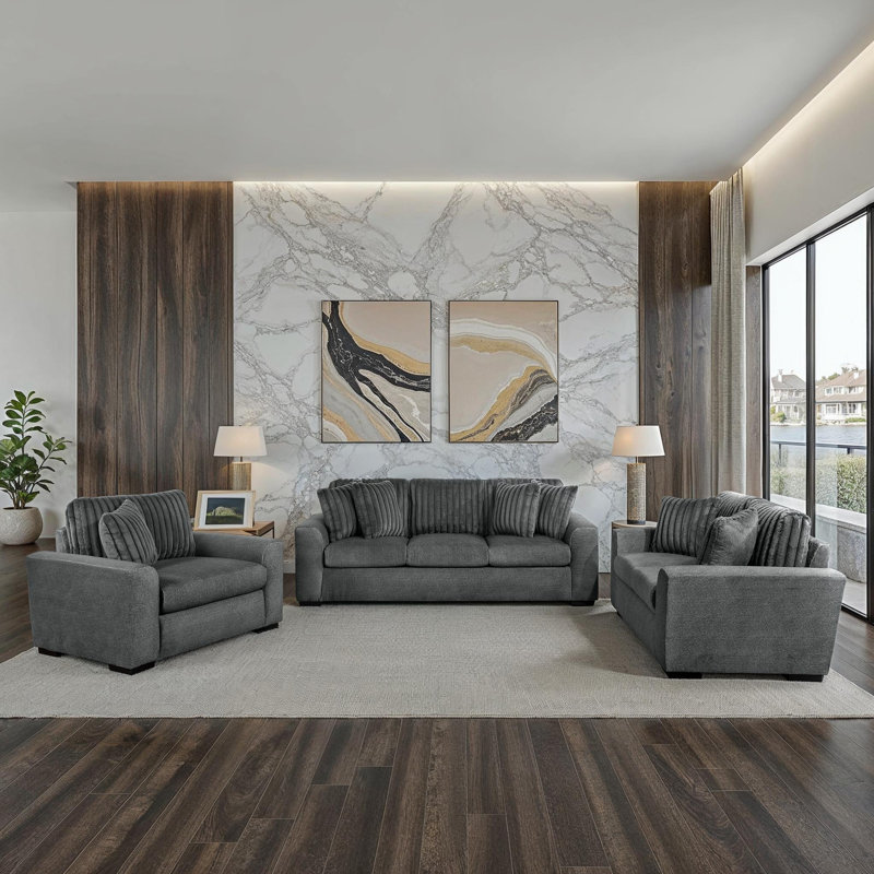 Hunziker Modern & Contemporary Textured 3-Piece Living Room Set with Stylish Dual Fabric Upholstery (Microfiber & Corduroy), Foam over Pocket Coils Comfort & Reversible Cushions with Removable Covers