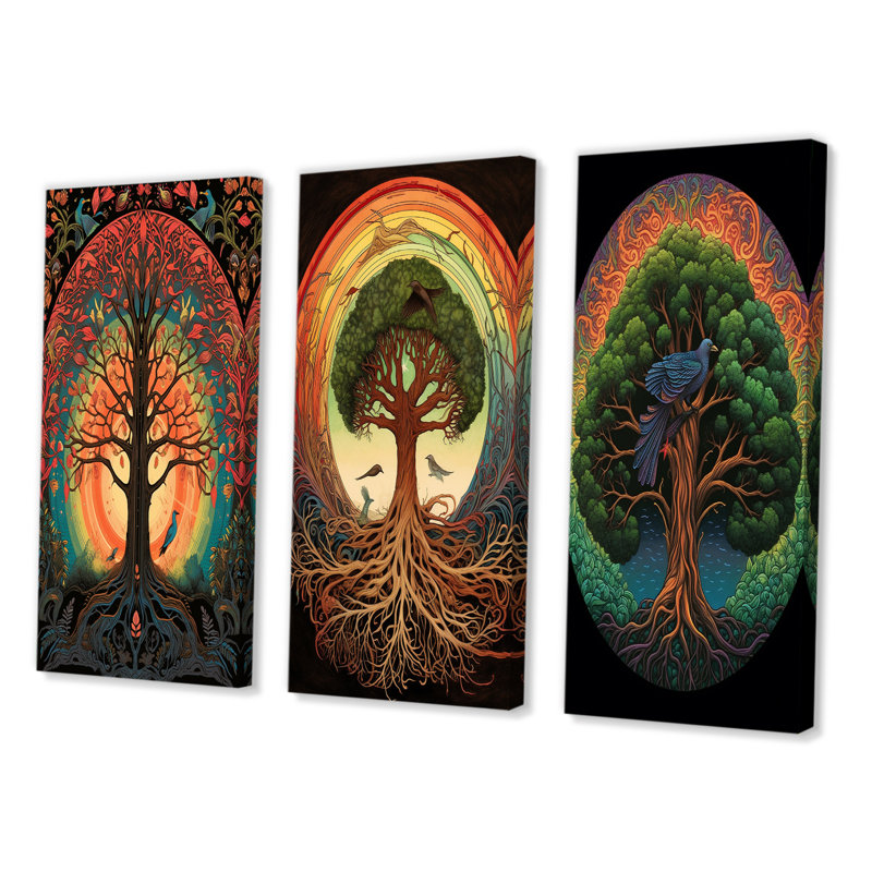 «Tree Of Life Retro Illustration», 3 pièces sur toile, Toile tendue, H 36 po x l 28 po