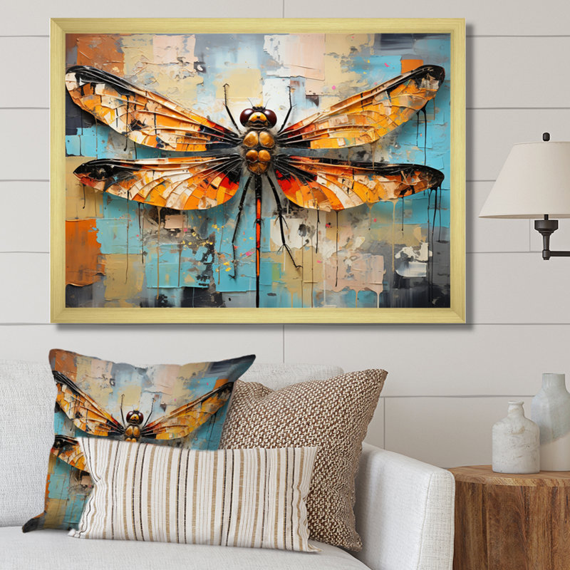 «Orange Dragonfly Insectes Flight Collage I», reproduction sur toile, Encadrement doré, H 34 po x l 44 po x P 1,5 po