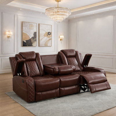Canapé inclinable électrique à deux moteurs en cuir respirant de 83 po de largeur avec accoudoirs de rangement, table de chargement sans fil pliable et lumières DEL bleues Ariel